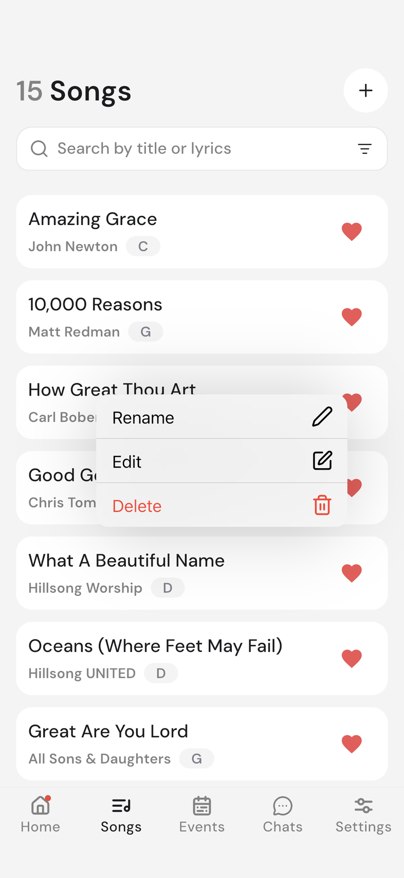 Songs tab with the long-press menu open on a song, showing Rename, Edit and Delete