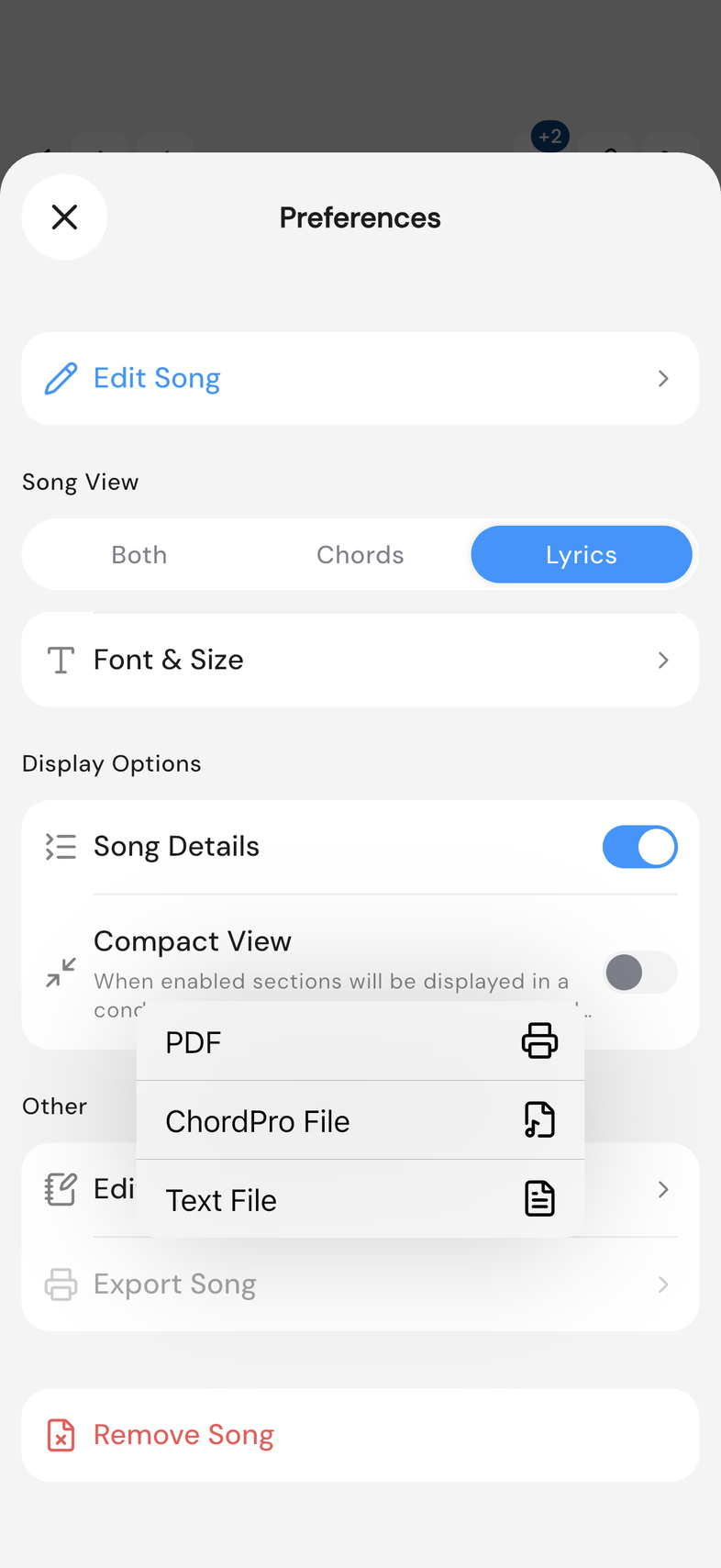 Song Preferences with the Export Song menu open showing PDF, ChordPro File and Text File