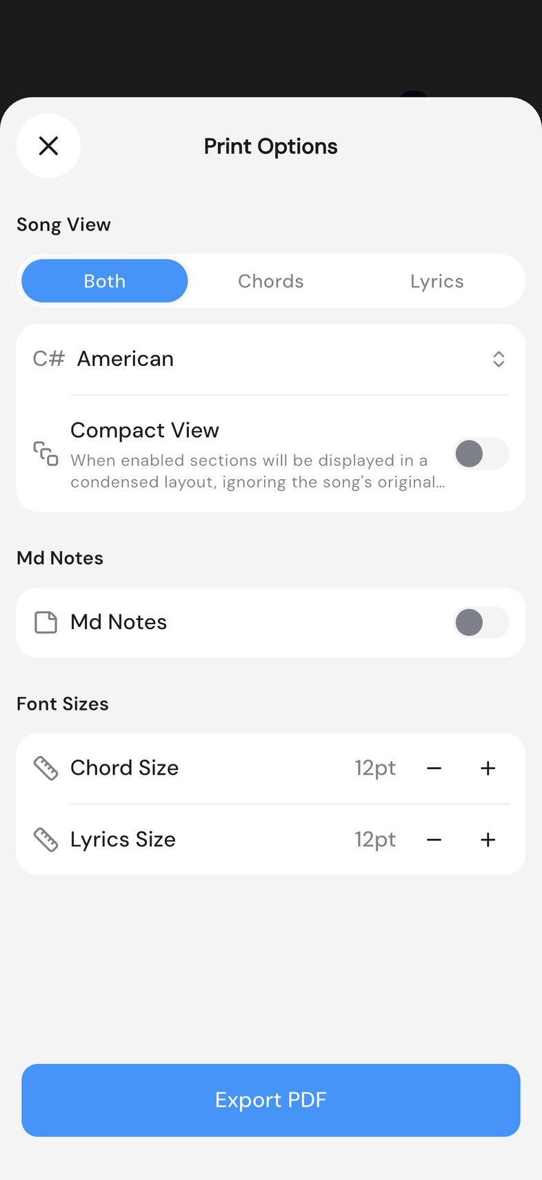 Export PDF sheet with Print Options: Song View, Compact View, Chord Size and Lyrics Size