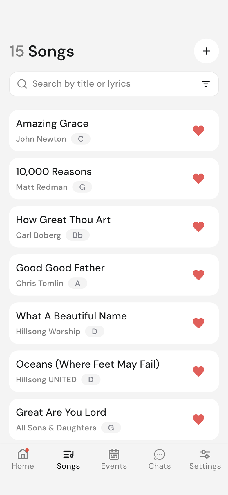 Songs tab with the heart tapped red on a song