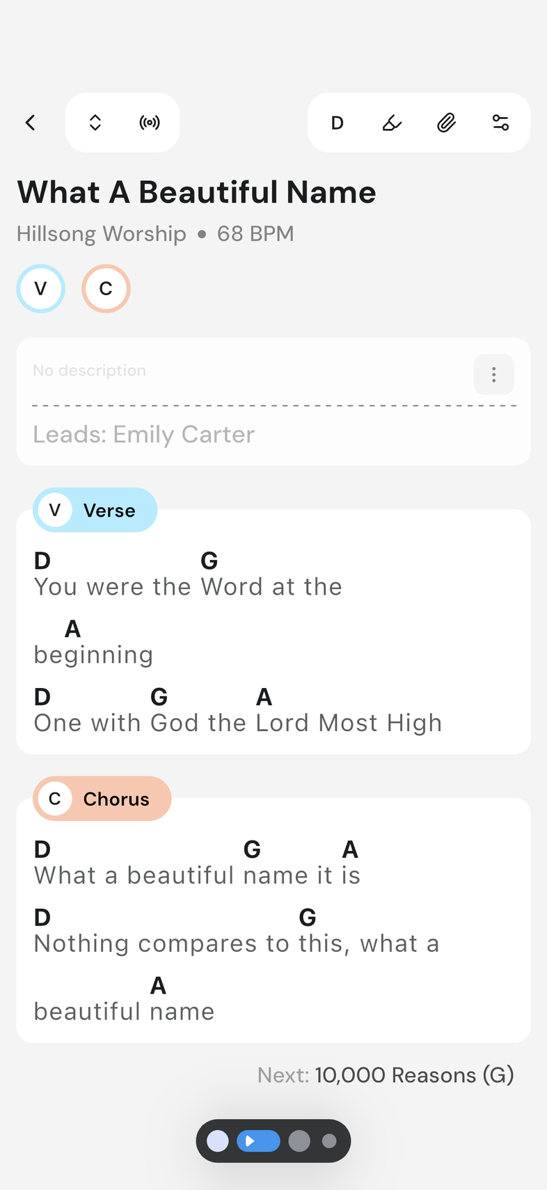 Song opened from an event, with the Live Mode icon in the top right of the app bar