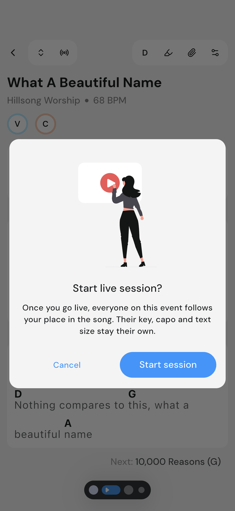 "Start live session?" confirmation dialog