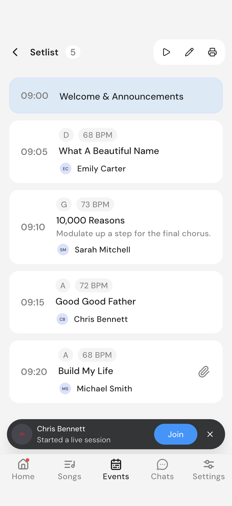 Bottom banner naming a leader, "Started a live session", with a Join button