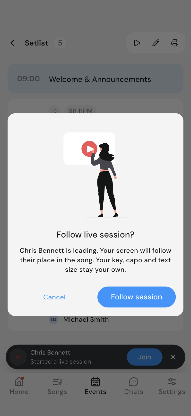 "Follow live session?" confirmation dialog