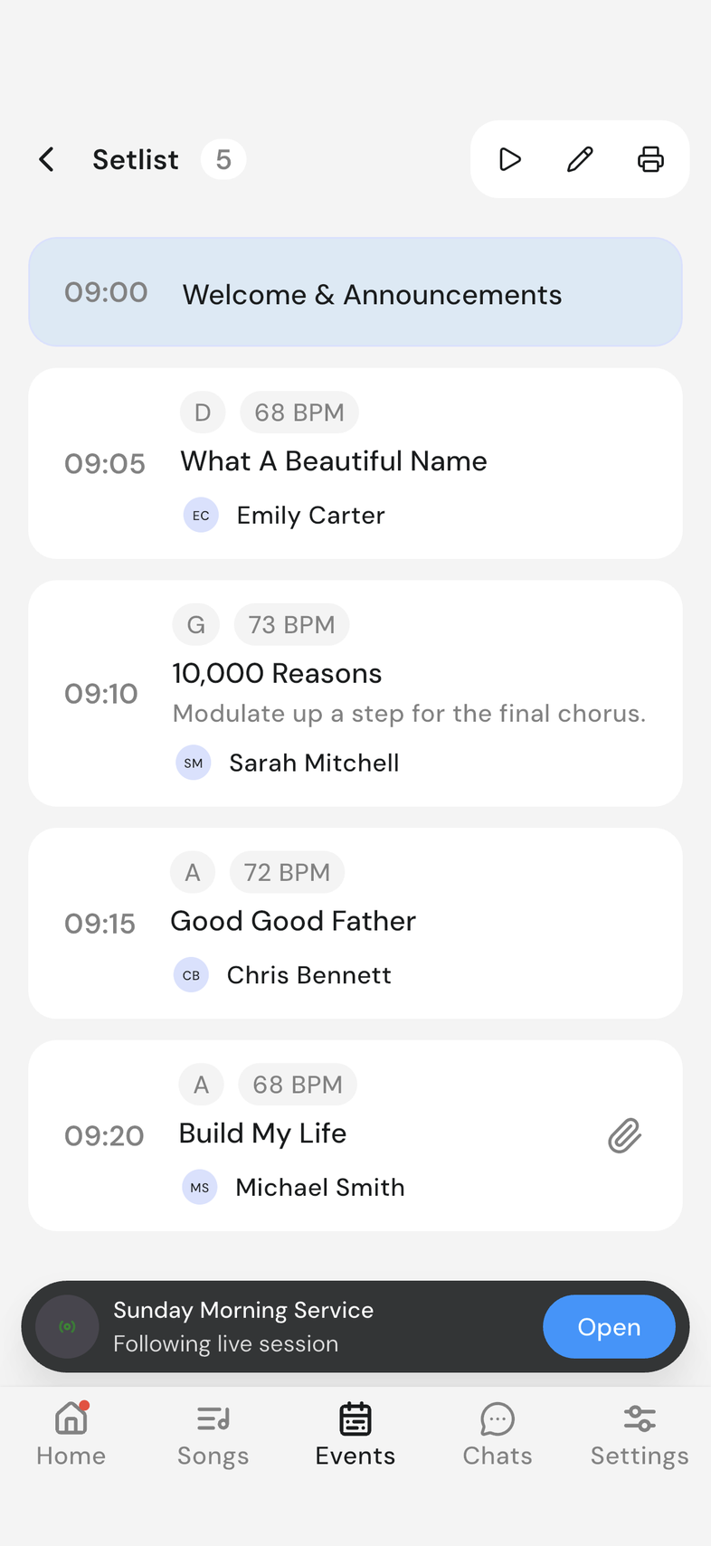 Elsewhere in the app, the bottom pill reading "Following live session", with an Open button