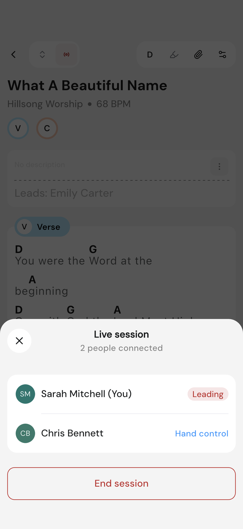 Live session sheet as the leader, "Hand control" next to another person's name