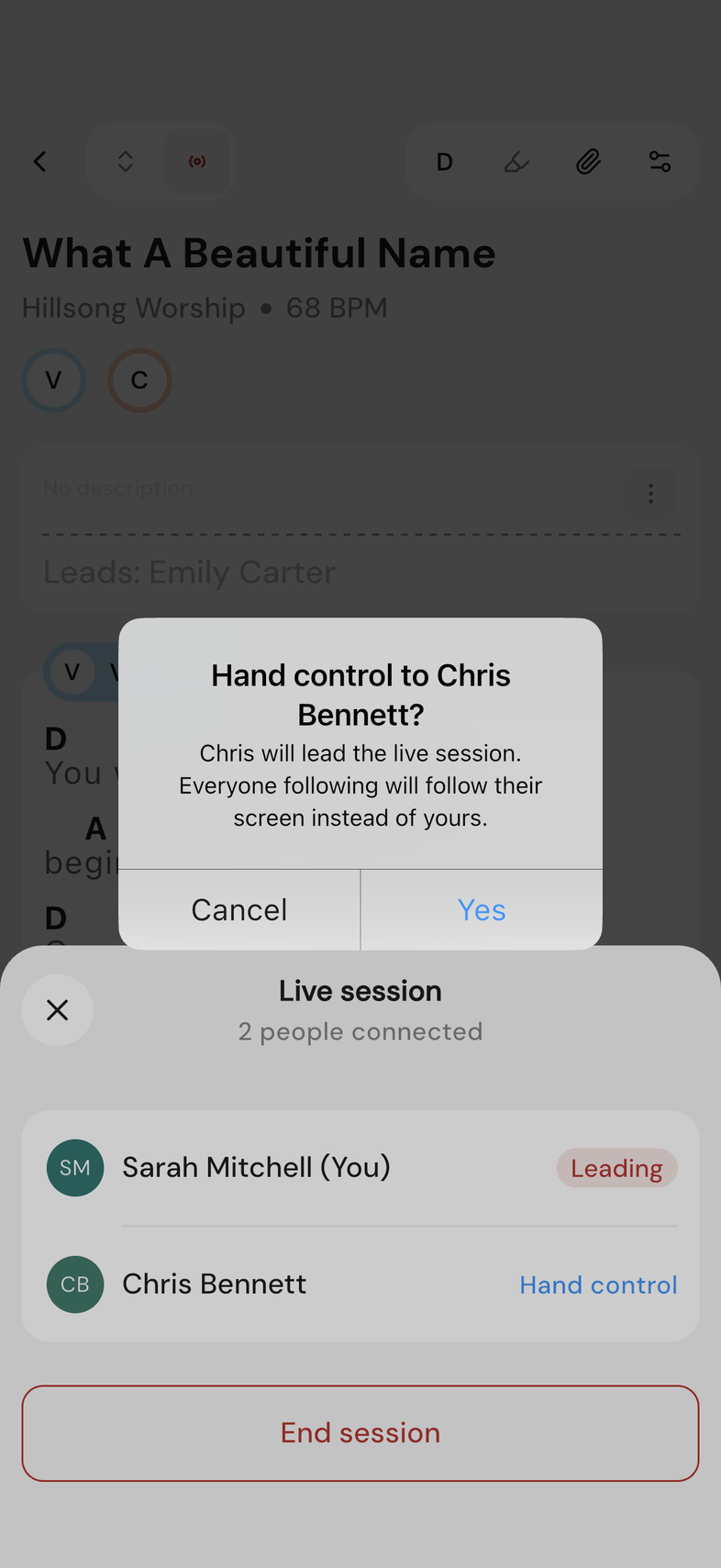 "Hand control to that person?" confirmation dialog