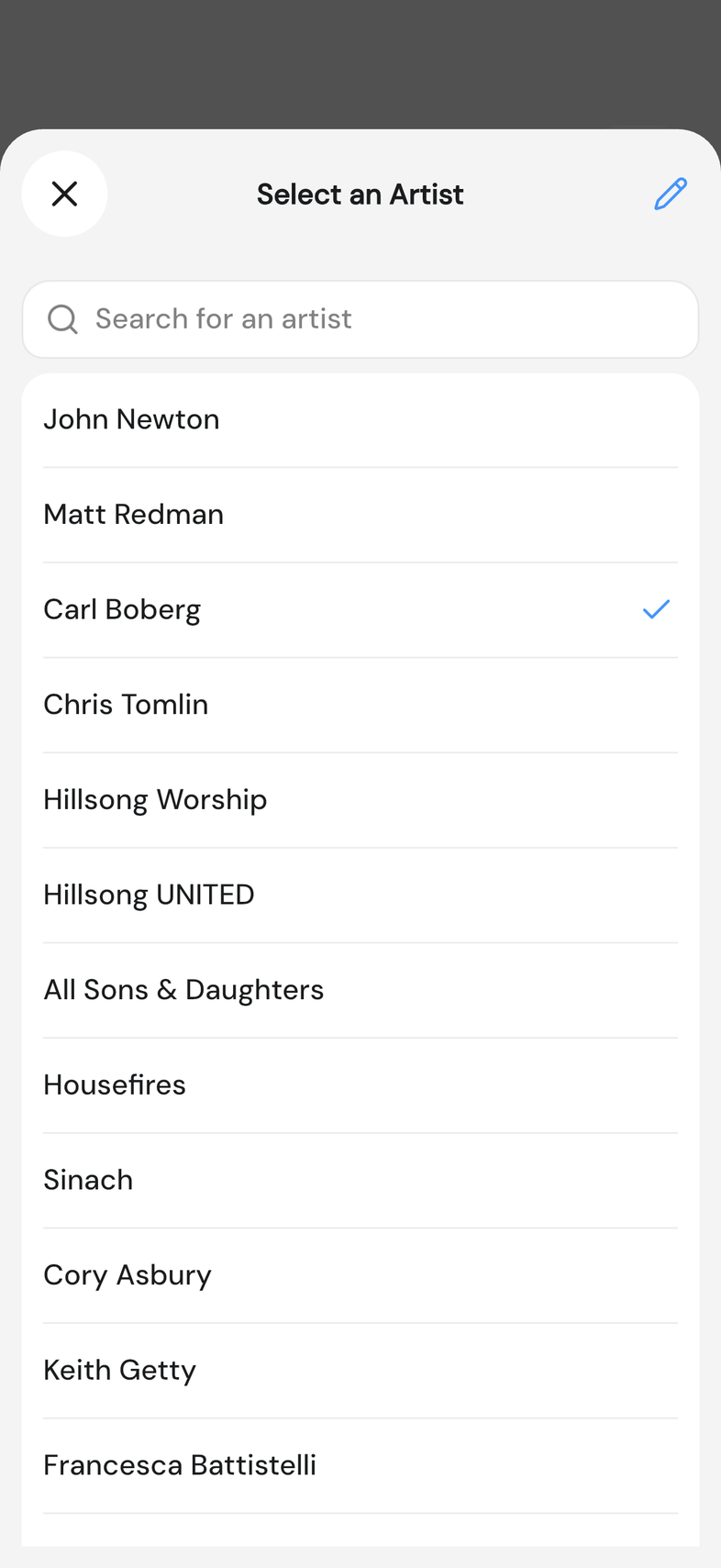 Select an Artist modal with the search box and the Manage button