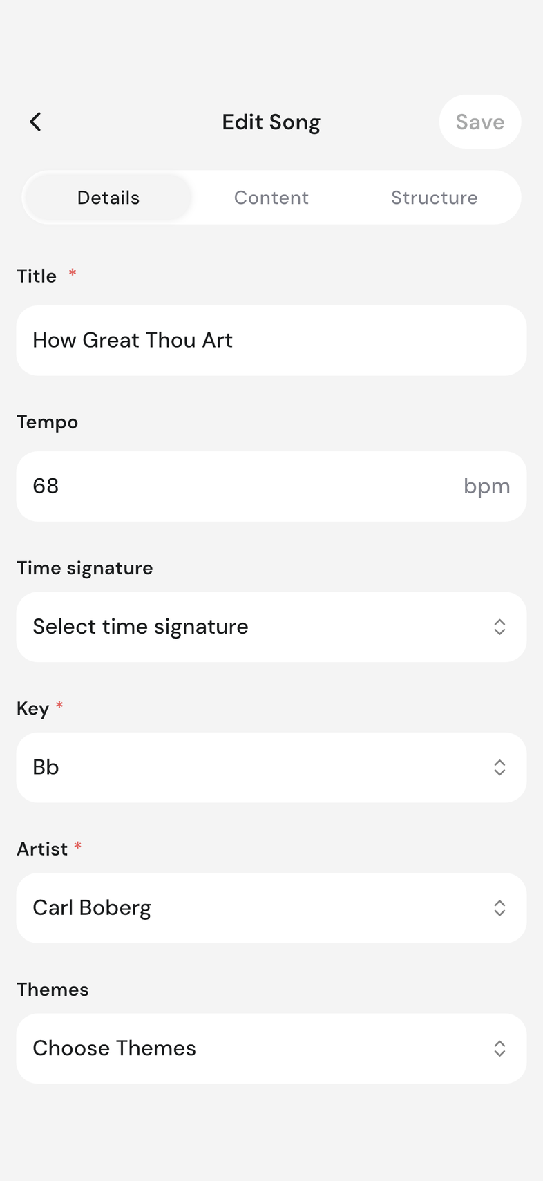 Song editor, Details tab, with the Artist field filled in
