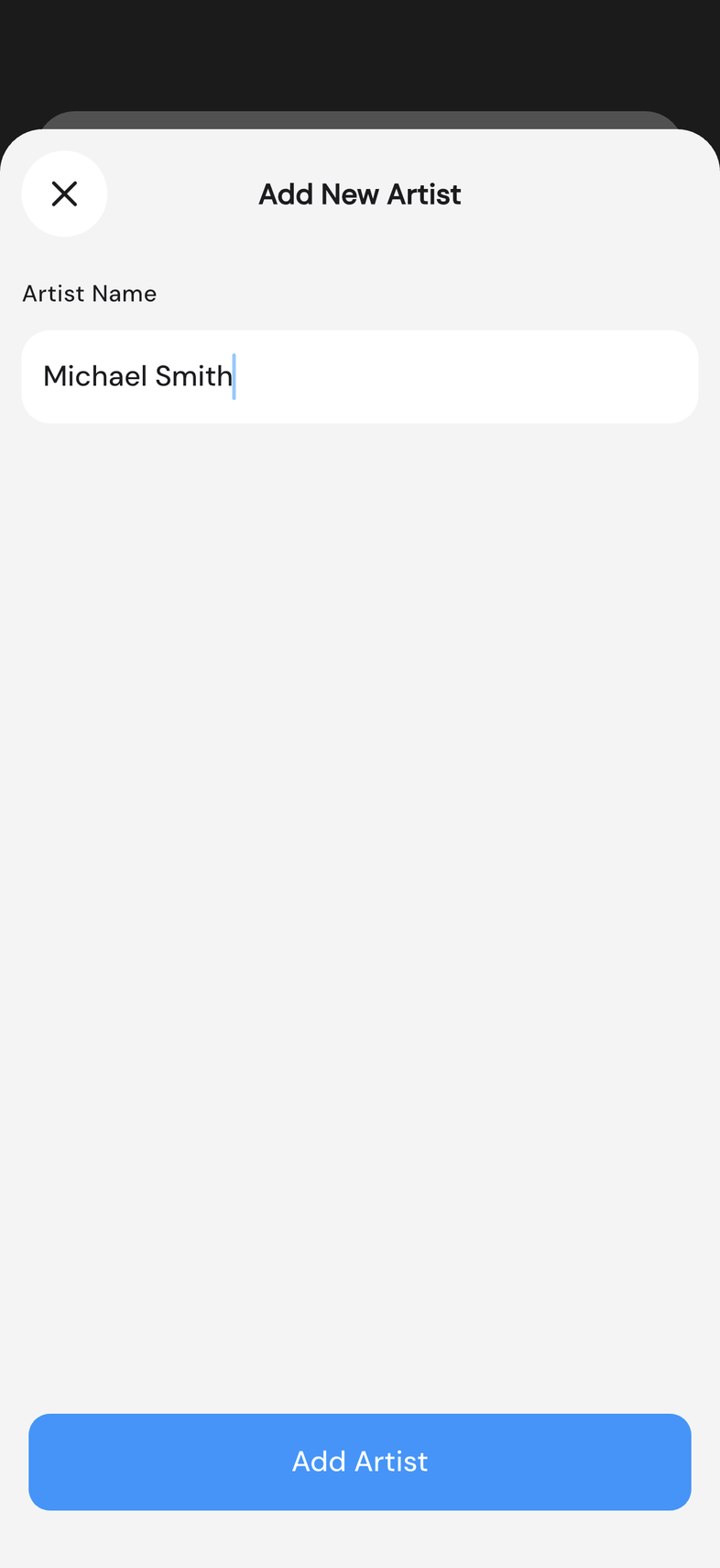 Add New Artist dialog with a name typed in
