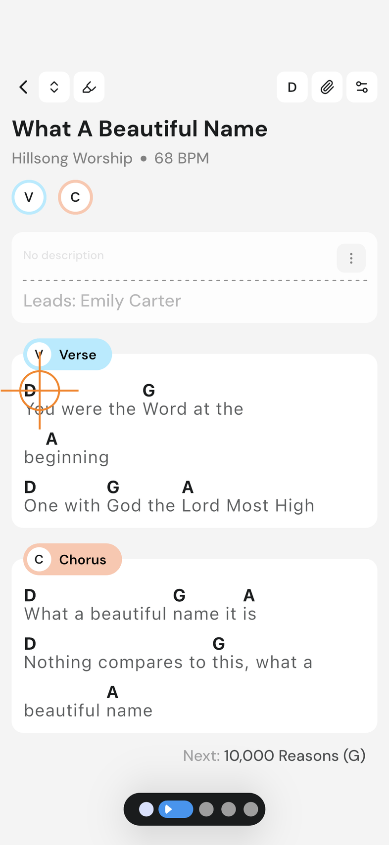 Section chip strip at the top of a song, current section highlighted