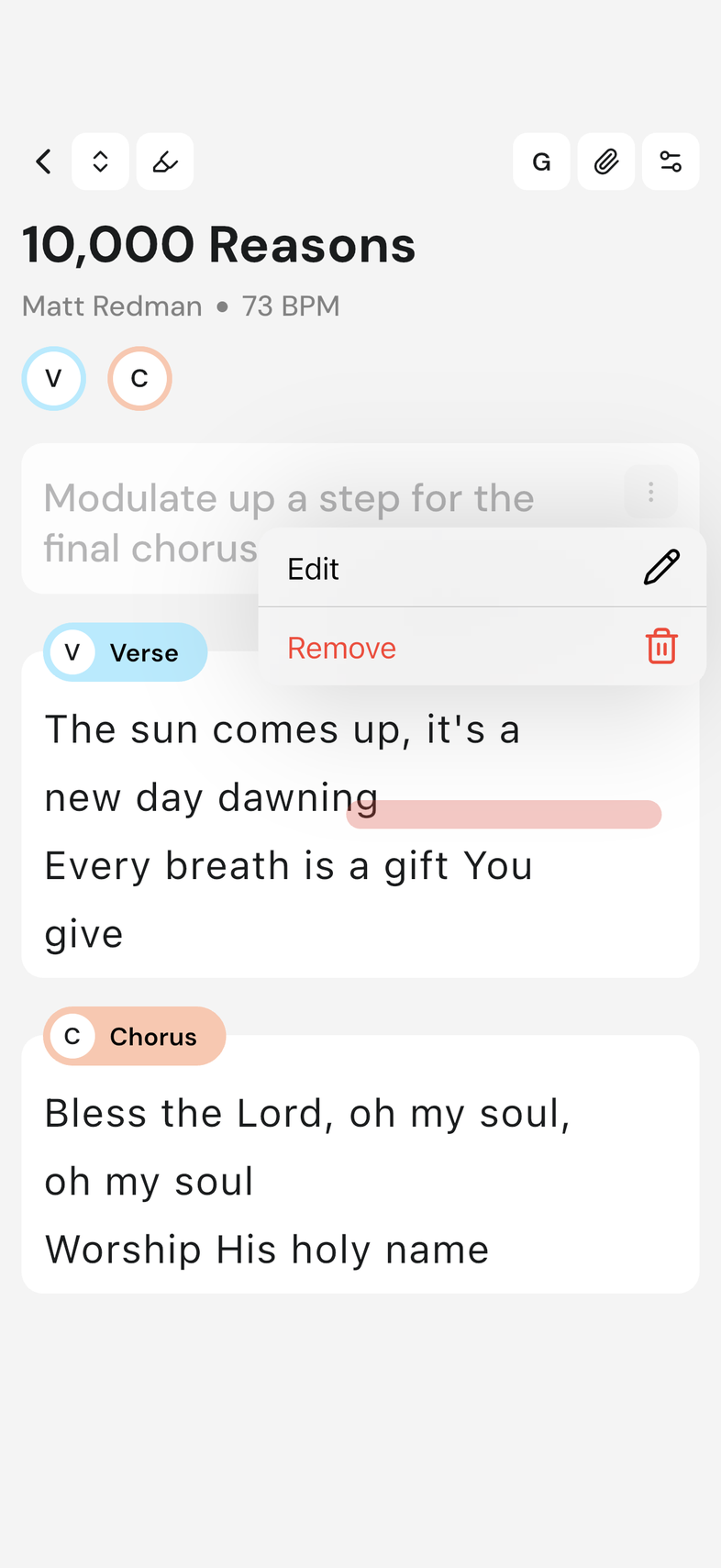 Song page with the Song Description card at the top and its three-dot menu open on Edit