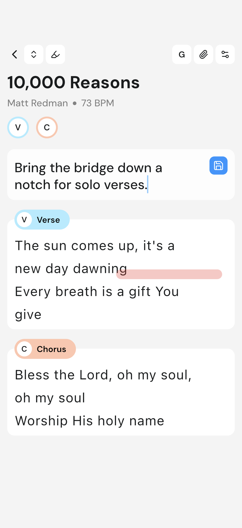 Song Description card in edit mode with text typed and the blue save button at the top right