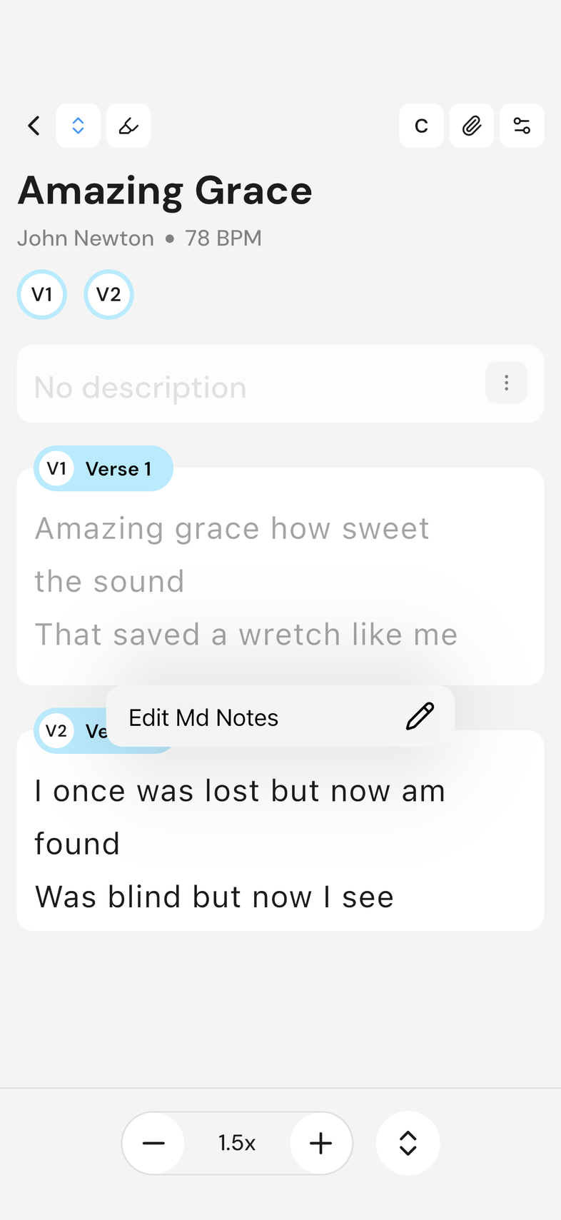 Song page on mobile, long-press menu on a section showing Edit Md Notes