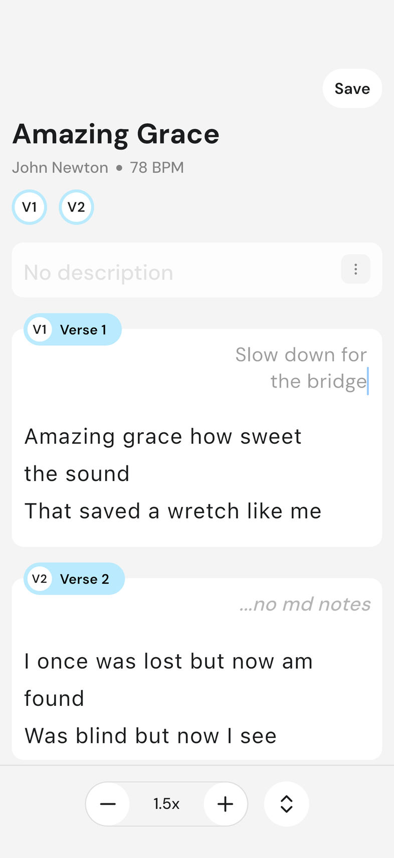 Note boxes above sections with text typed and Save at the top right