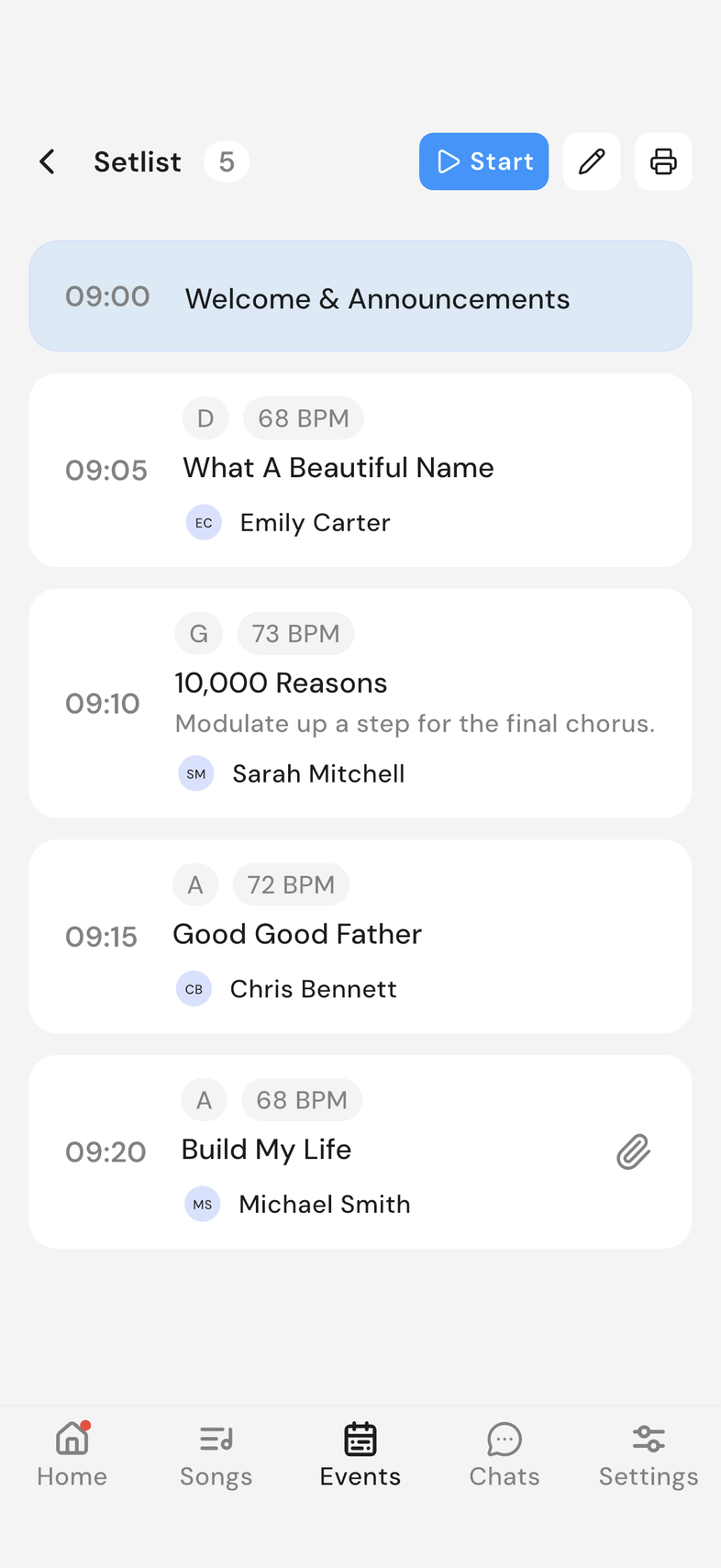 Setlist screen listing the event's songs and moments in order