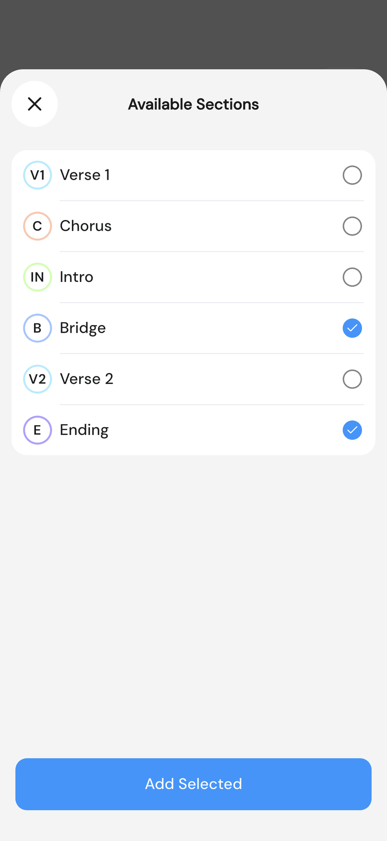 Song editor, Structure tab, Available Sections modal with sections ticked to add