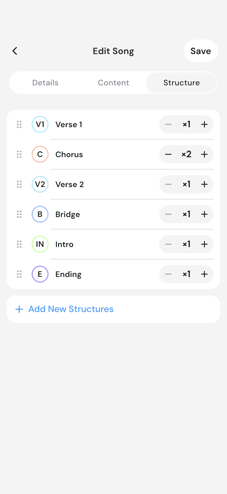 Song editor, Structure tab, a chorus row with the stepper set to ×2
