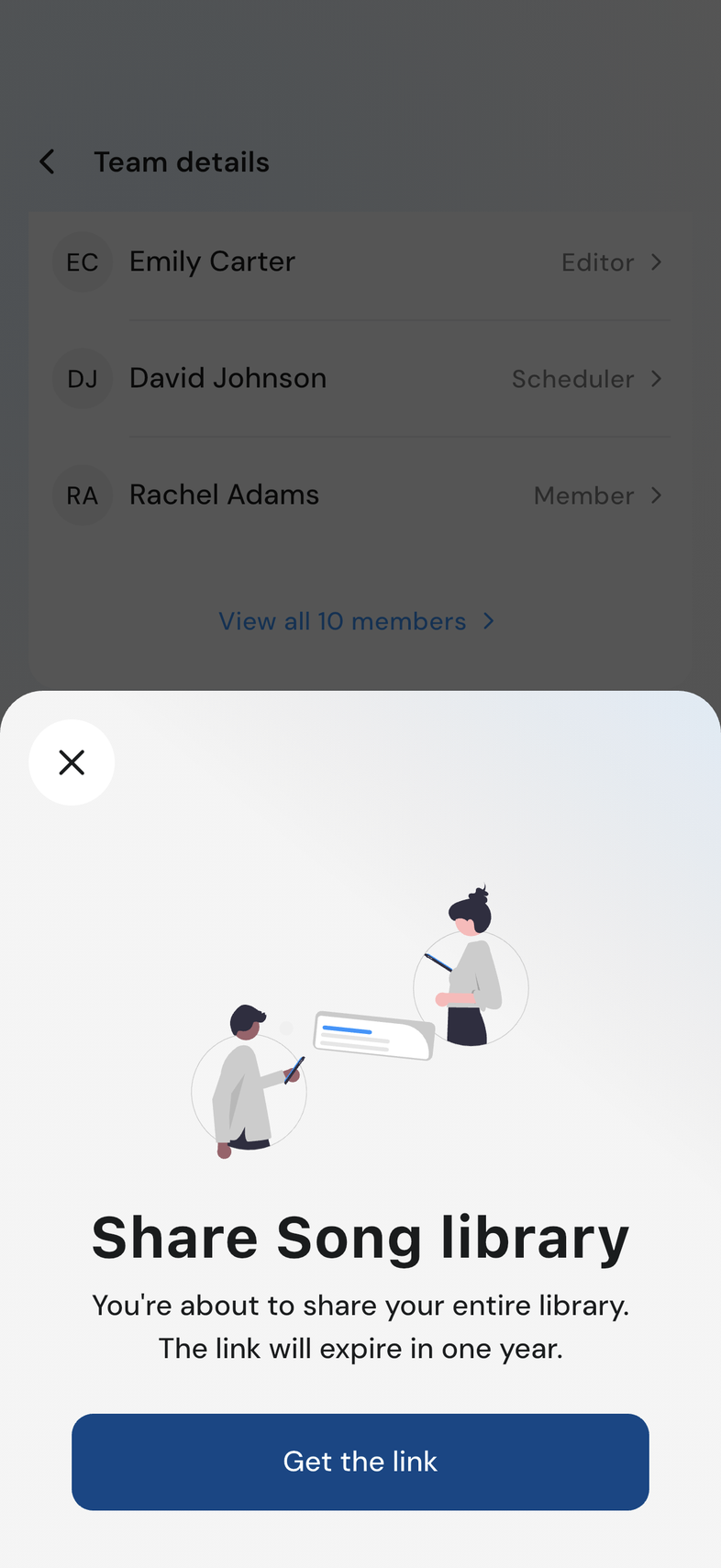 Share Song library modal with the Get the link button