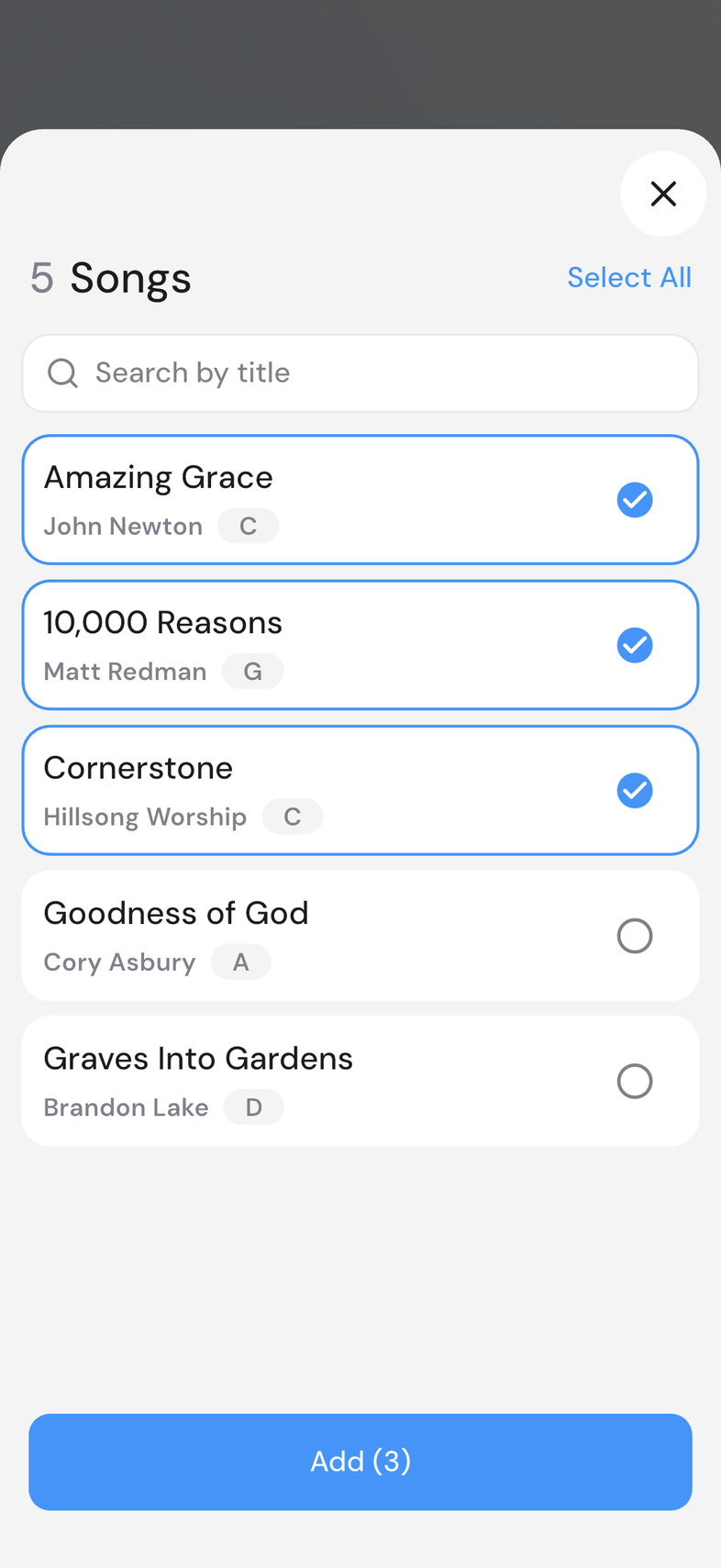 Start Preview screen listing the shared library with songs ticked and Add at the bottom