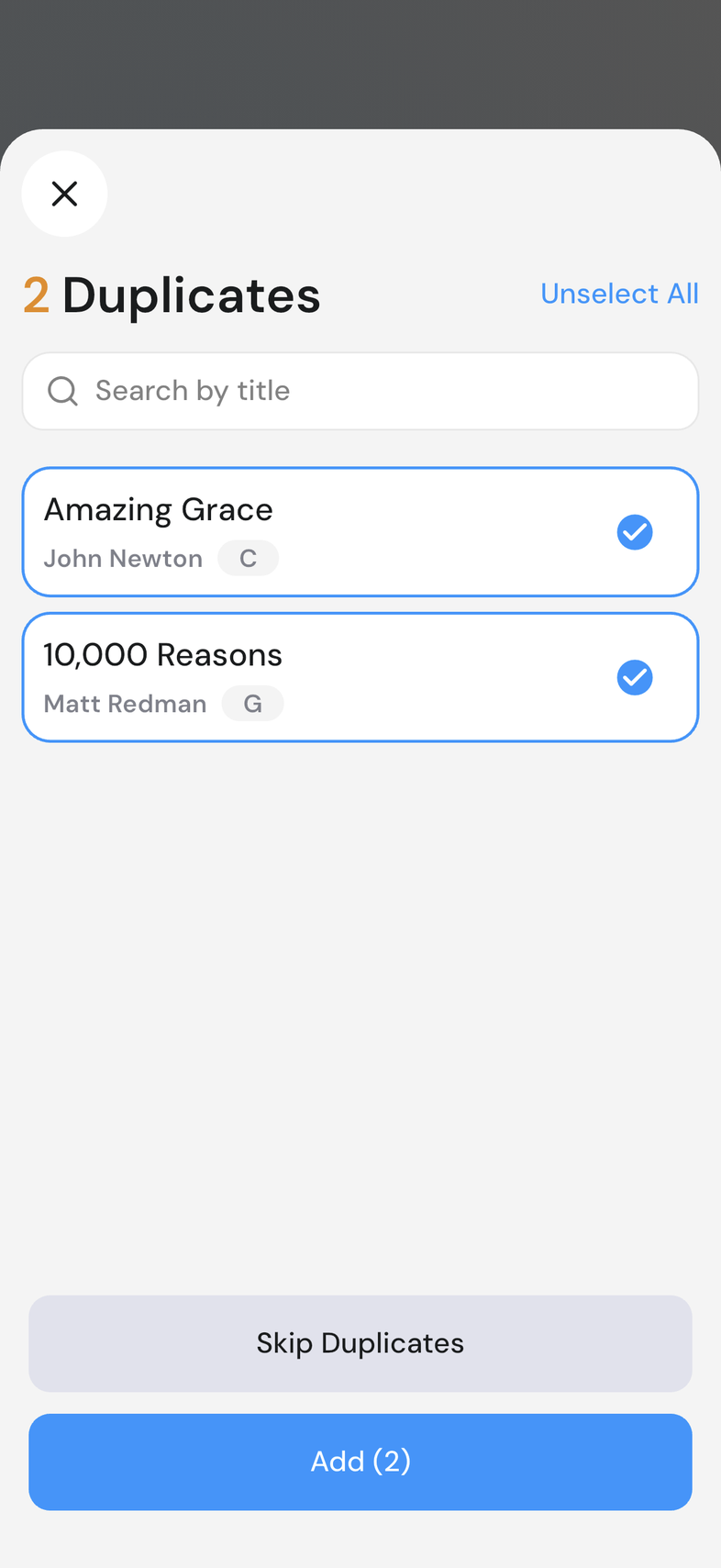 Duplicates step of the shared library flow with two songs ticked