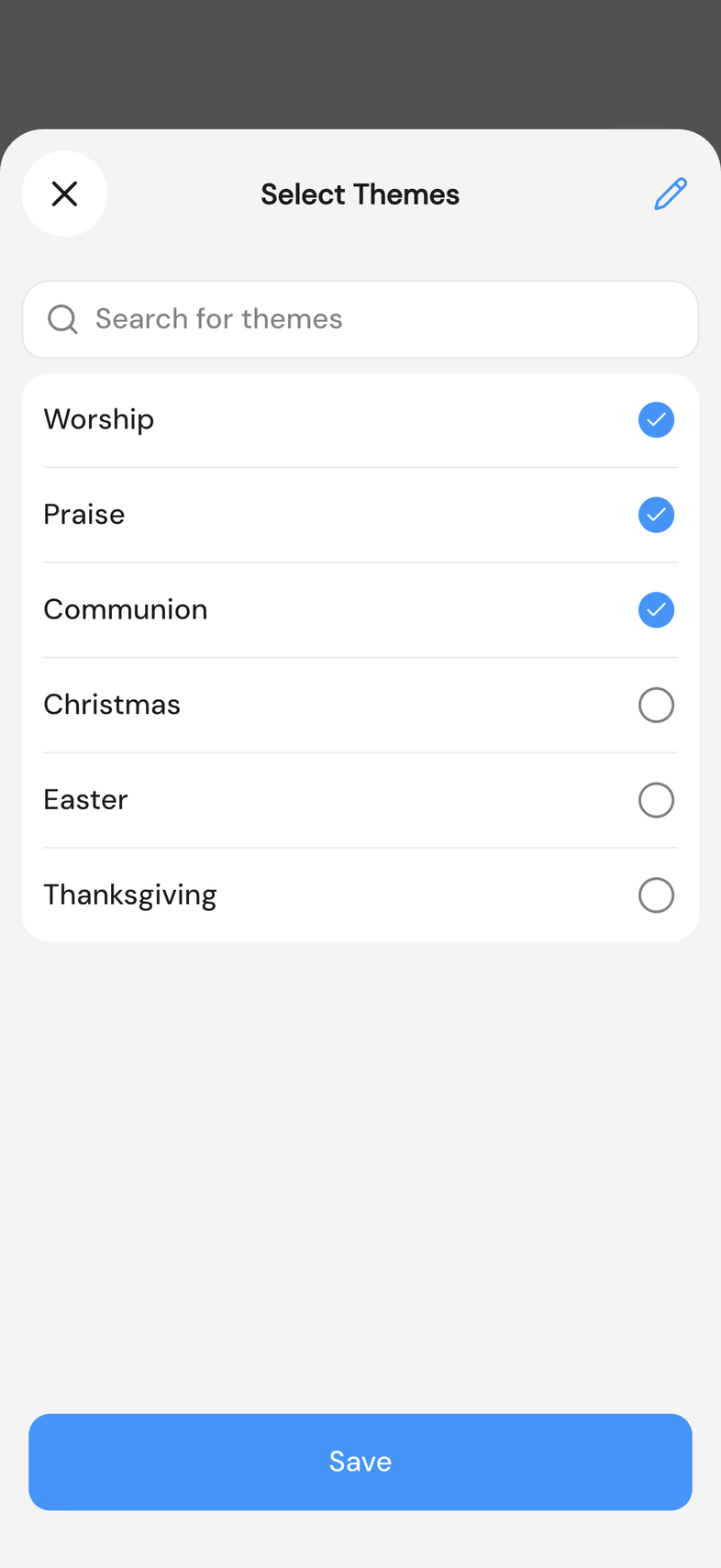 Select Themes modal with three themes ticked and the Manage button at the top