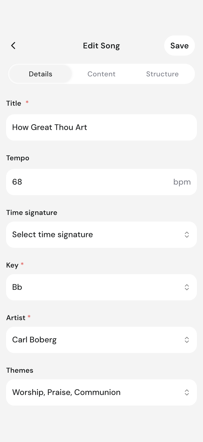 Song editor, Details tab, with the Themes field showing the selected themes