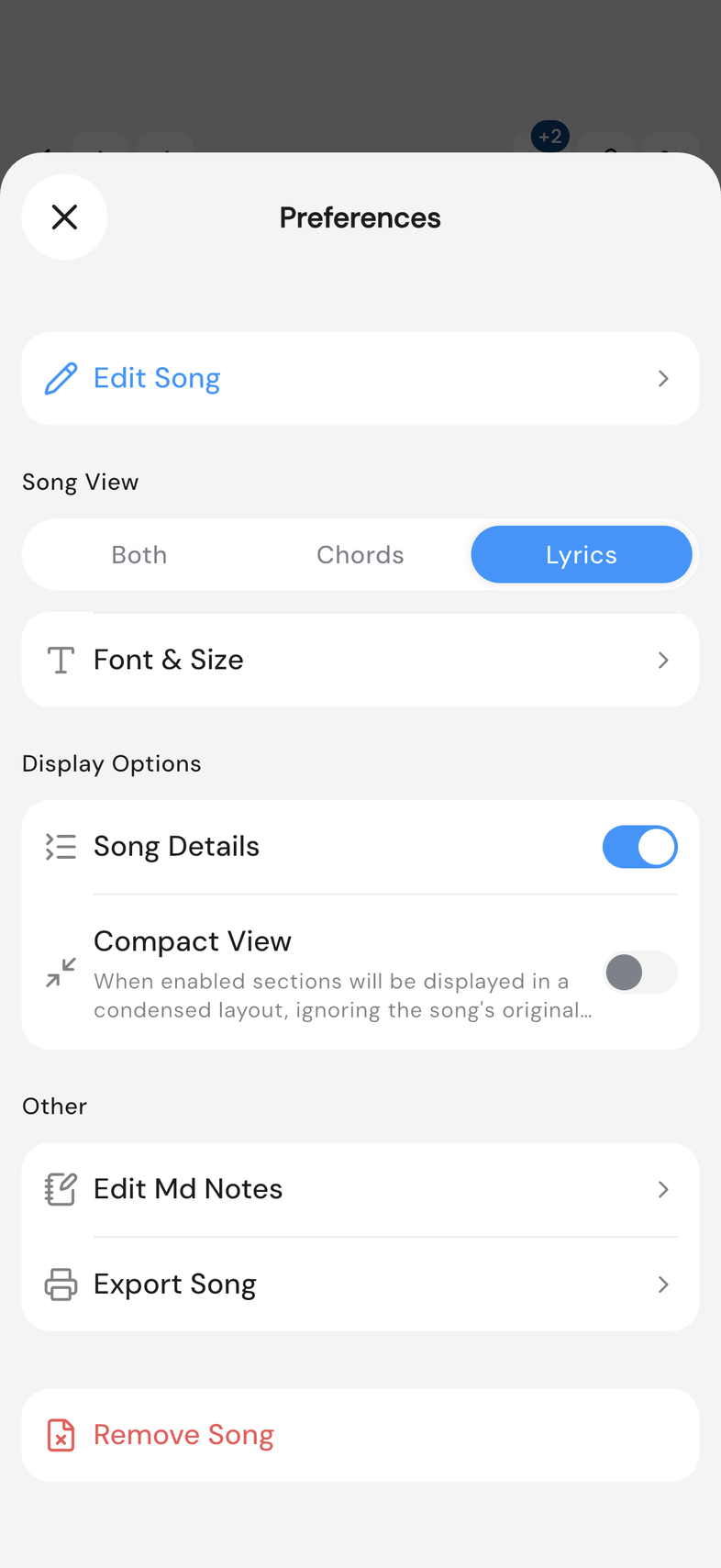 Preferences modal on mobile, Song View switcher with Lyrics selected