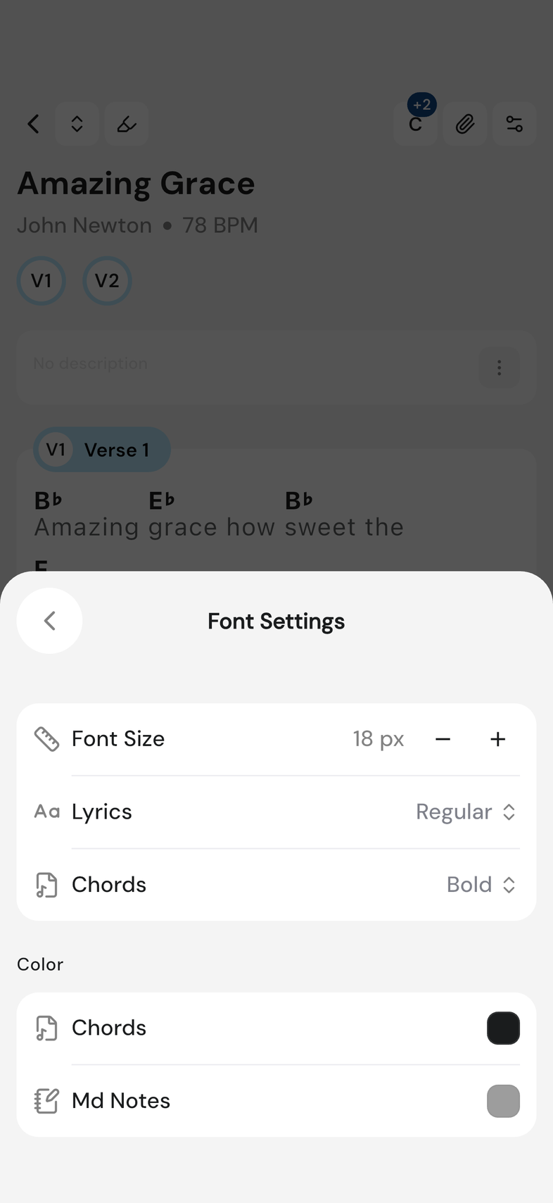 Font Settings page with Font Size, Lyrics and Chords rows and the Color card below