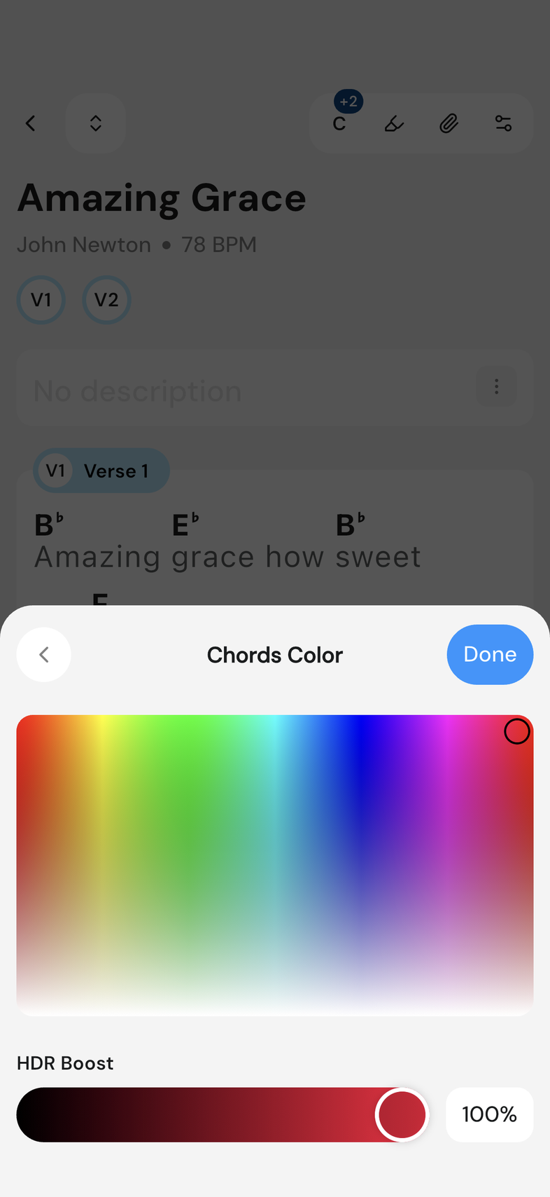 Color picker open for Chords with a color selected