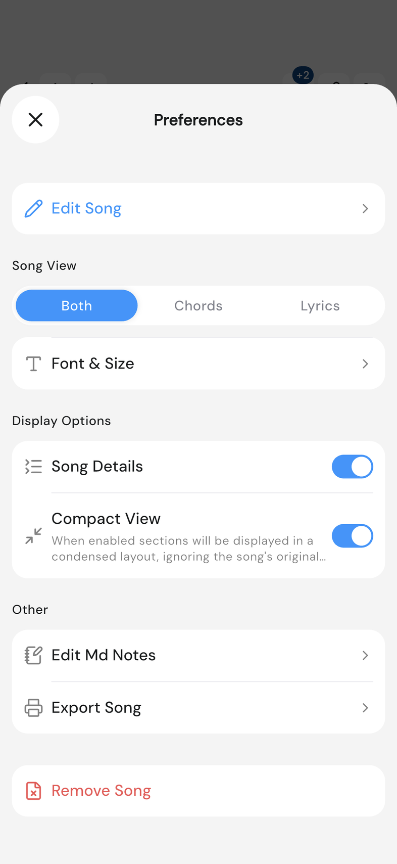 Preferences modal on mobile, Display Options with Compact View switched on