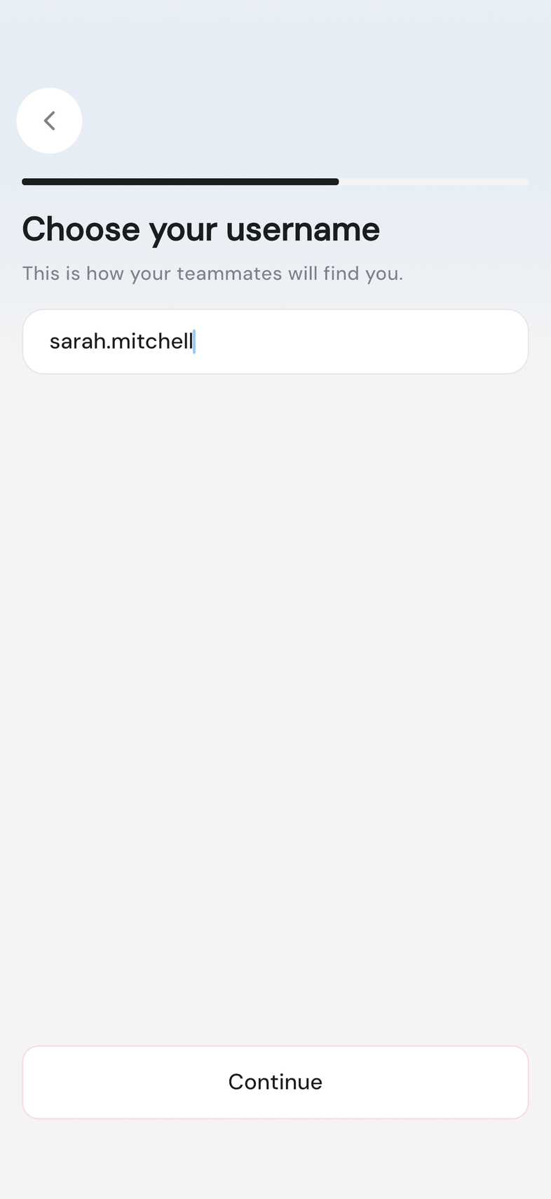 Choose your username screen with the username field filled in