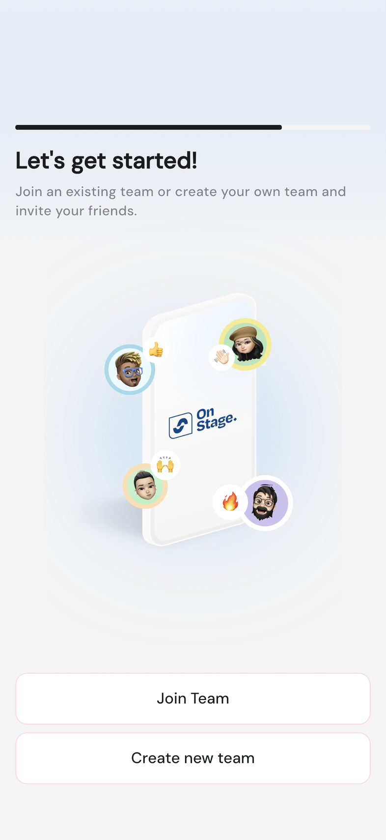Let's get started! screen with Join Team and Create new team