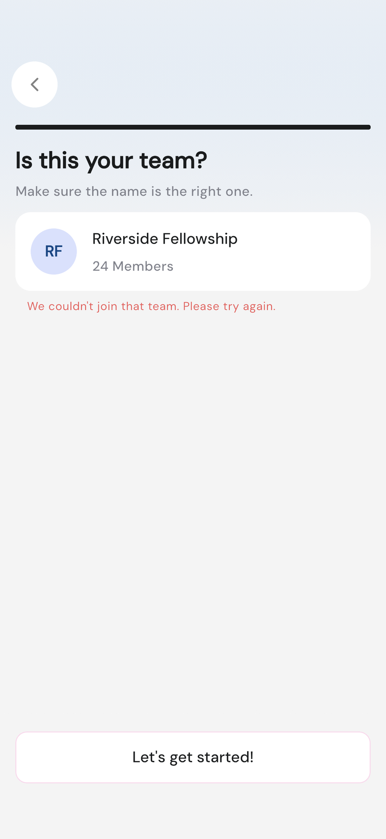 Is this your team? screen showing team name and member count