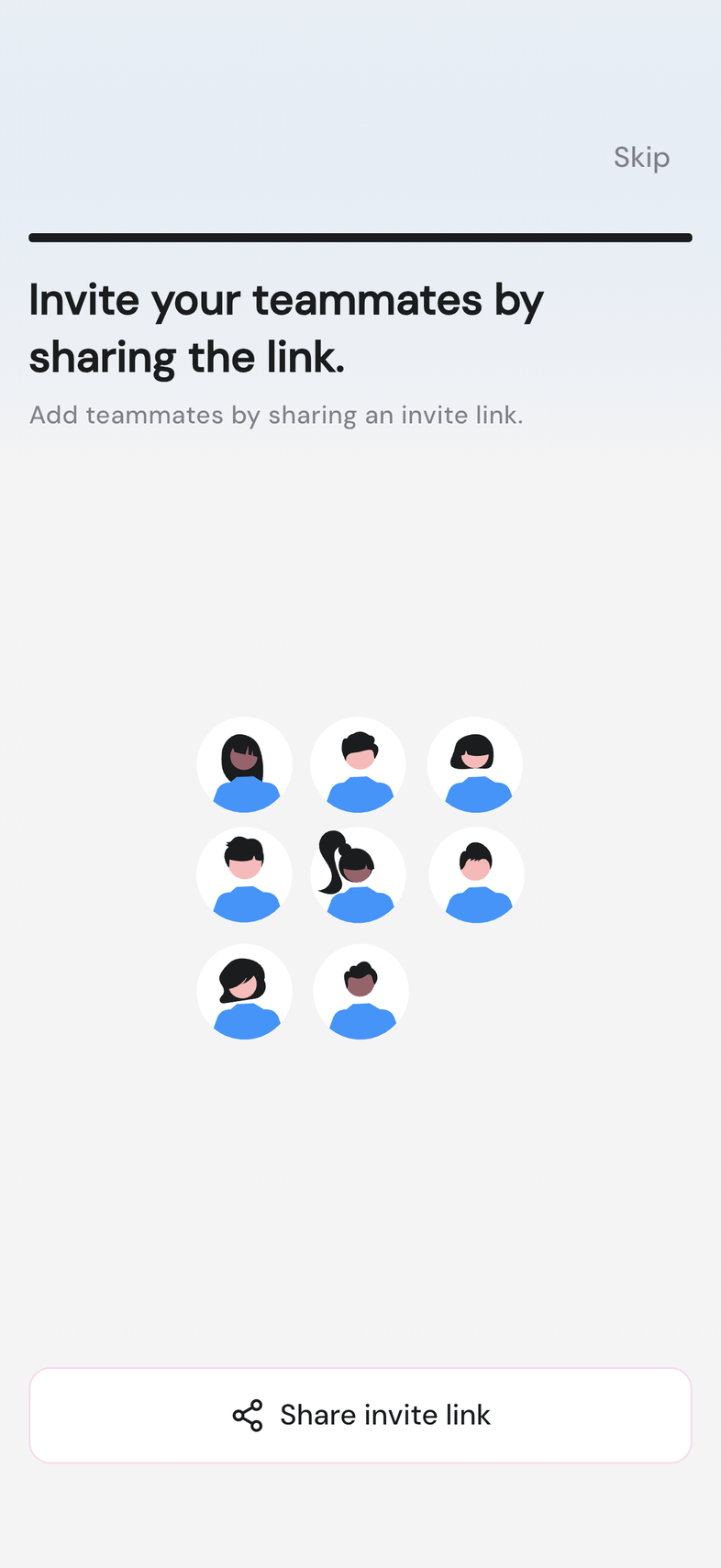 Invite teammates screen with Share invite link and Skip