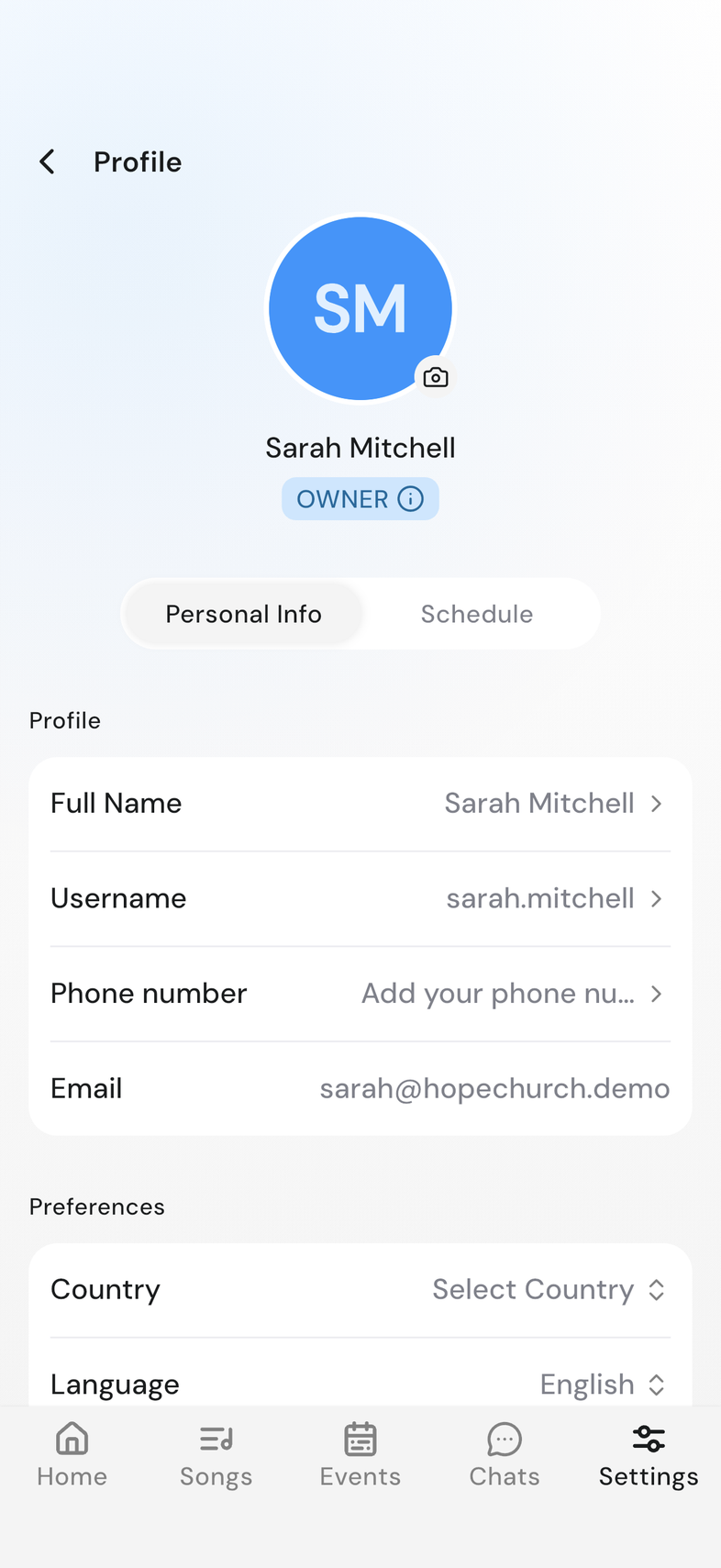 Profile screen with the photo edit control and Full Name field