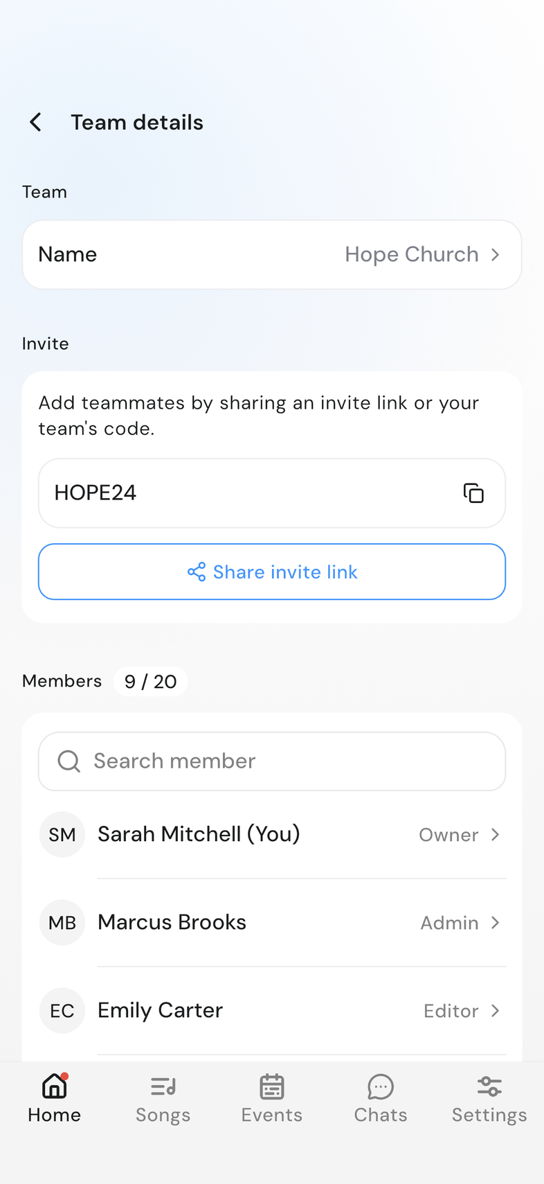 Team details on mobile, top of the page showing Team and Invite