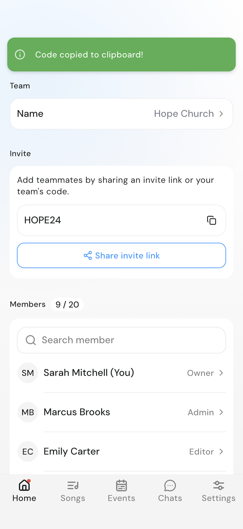 Team details Invite card with Code copied to clipboard! confirmation