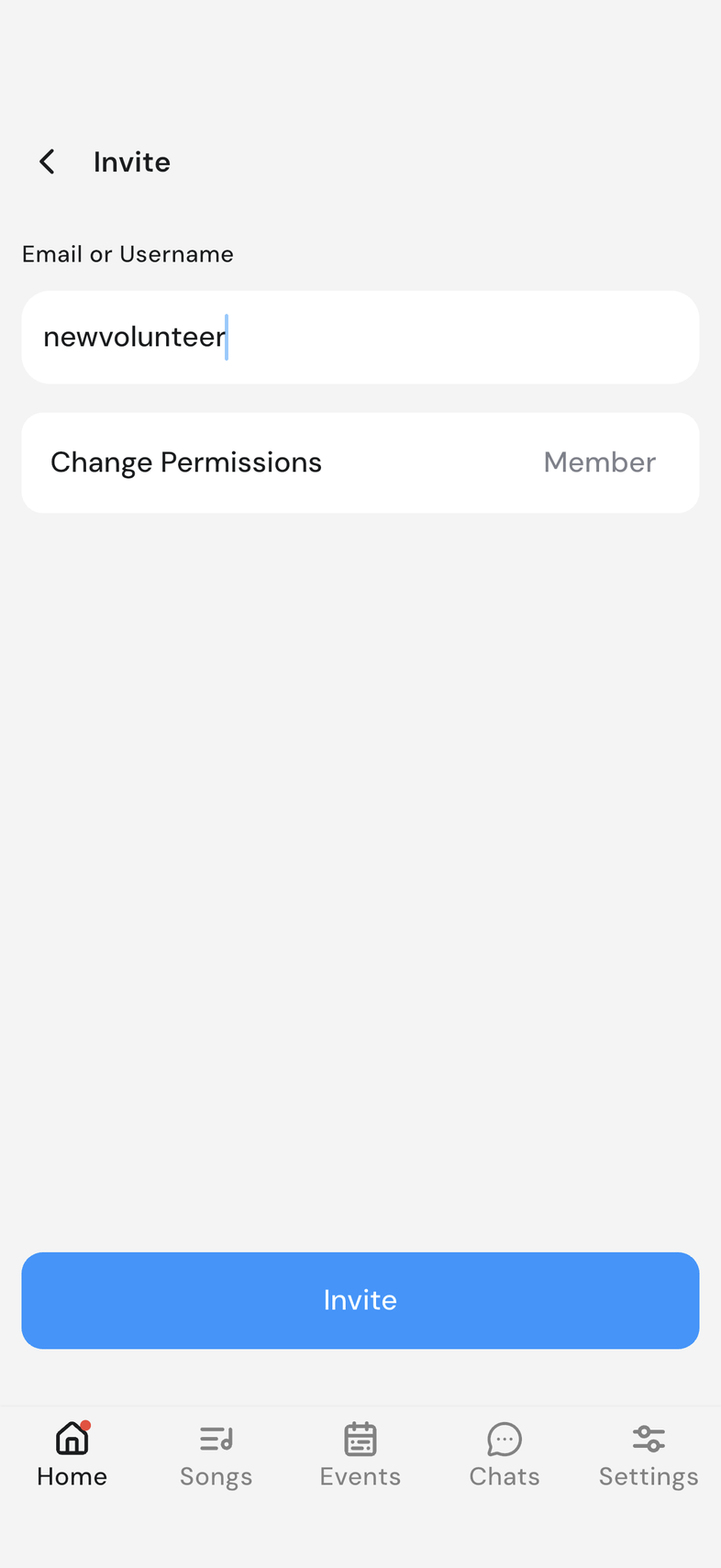 Invite screen with an email typed and Change Permissions showing Member