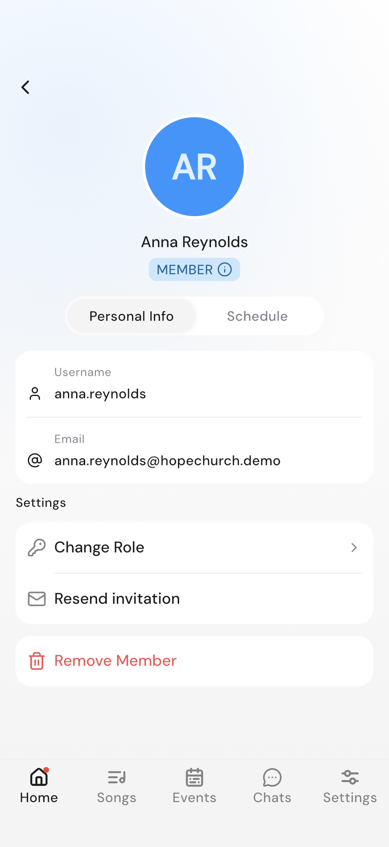 Member profile of a pending person, Settings section with Resend invitation