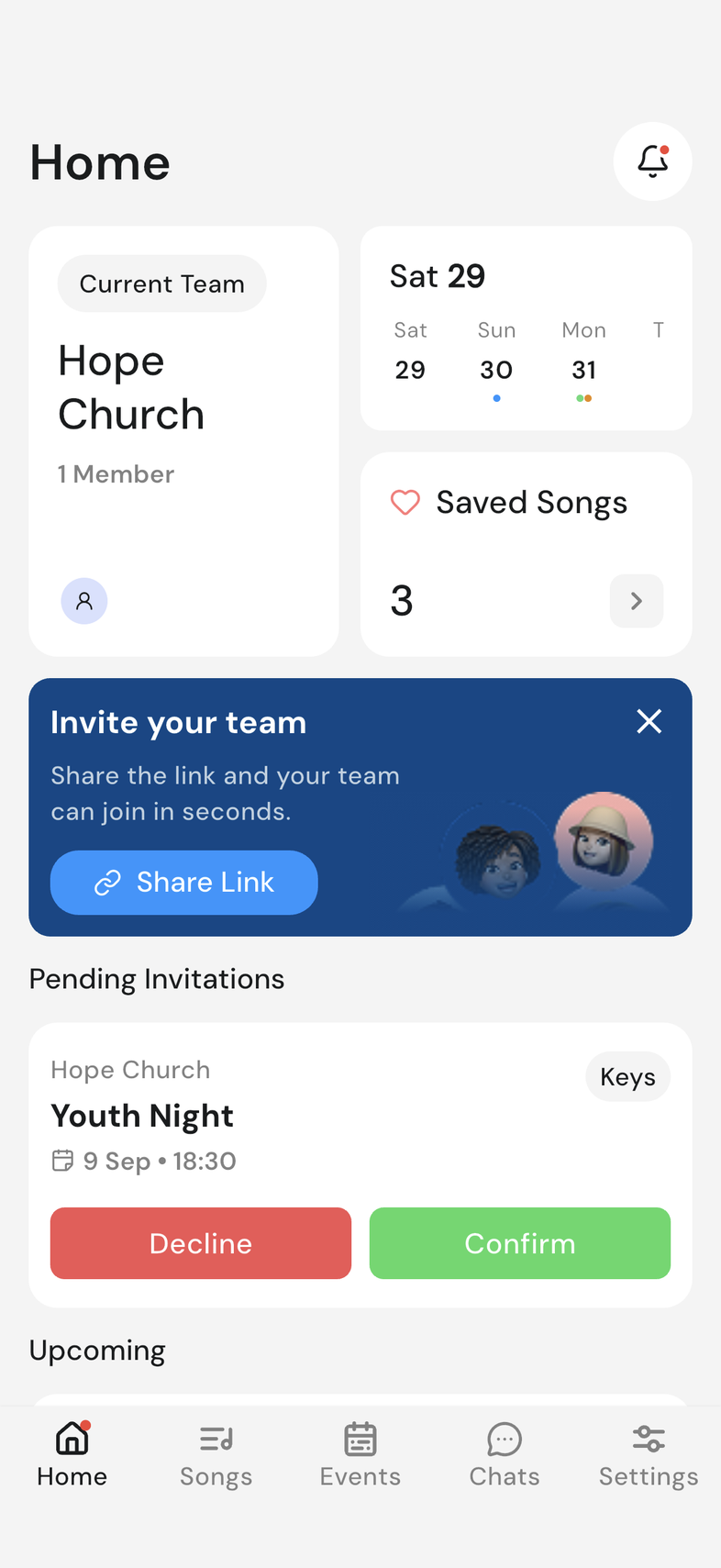 Home screen with the Invite your team banner at the top