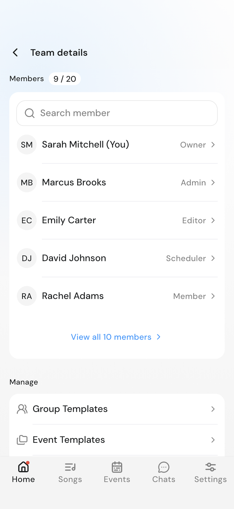 Team details Members label with the seats chip reading 10 / 20