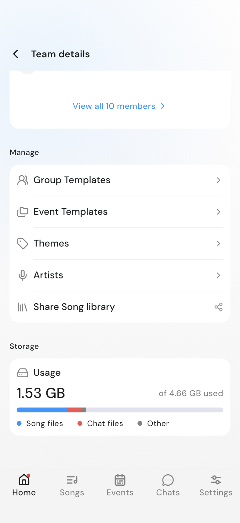 Team details Storage card showing the Usage bar split into Song files, Chat files and Other