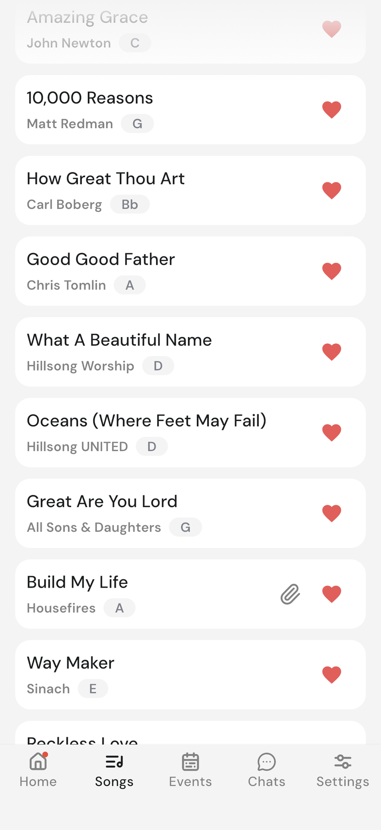 Songs tab with paperclip icons on songs that have attachments