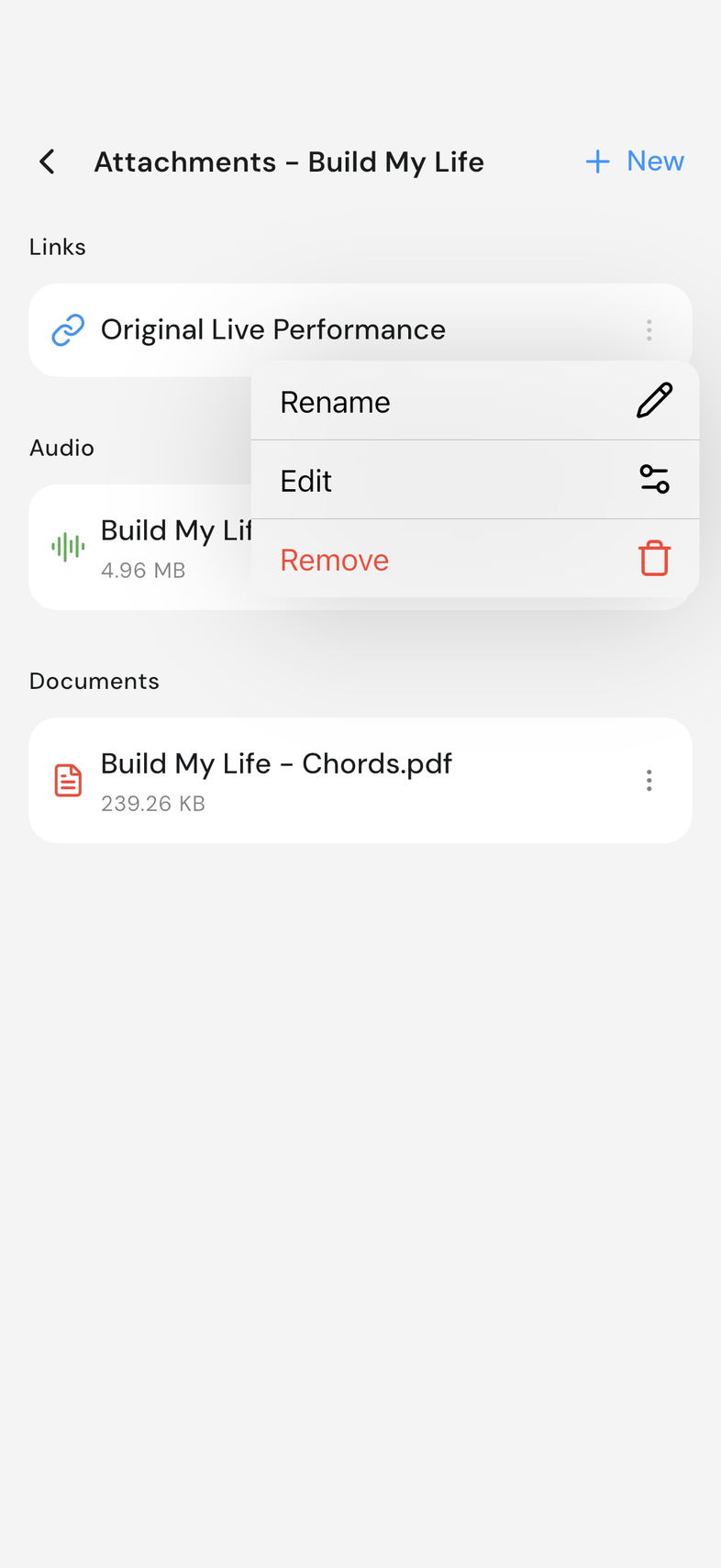 Attachments screen with the file menu open showing Rename, Edit and Remove